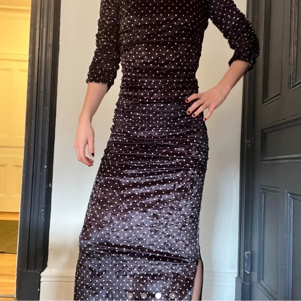 GANNI Polka Dot Ruched Velvet Midi Dress